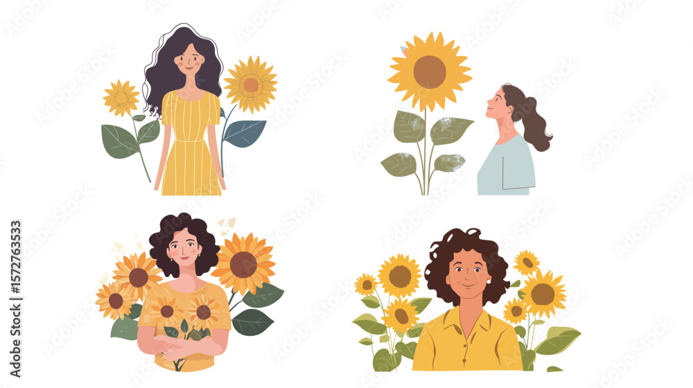 Obraz premium Soulful woman holding a sunflower on her birthday, immersed in quiet reflection and self-discovery, symbolizing inner peace, personal growth, and the beauty of life’s journey on a meaningful day 