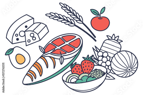 A vibrant illustration of a balanced and nutritious meal with fresh ingredients