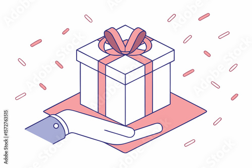 Isometric hand holding gift box with pink ribbon and confetti