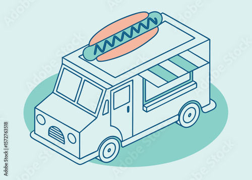 Isometric Food Truck with Hotdog on Top Illustration