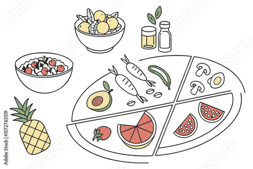 A balanced diet illustration with portion control and healthy food choices