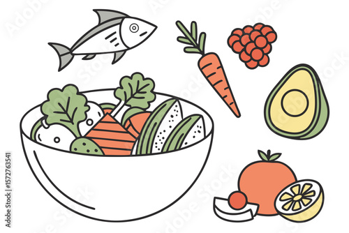 A nutritious salad bowl with fish and colorful vegetables is presented