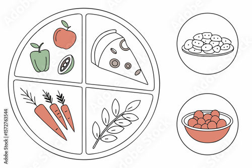 A balanced meal illustration with portion control and healthy food choices