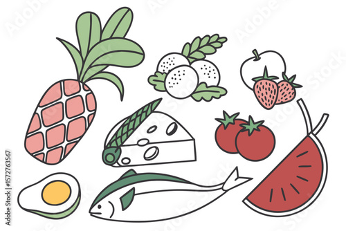 A colorful assortment of healthy food items, including fruits, vegetables, and proteins