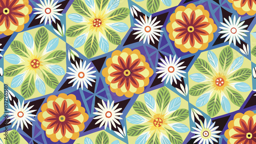 Floral pattern with geometric shapes and vibrant colors creating a seamless background design element