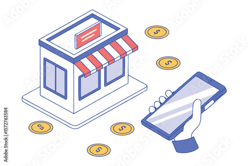 Isometric illustration of a hand holding phone near store and coins