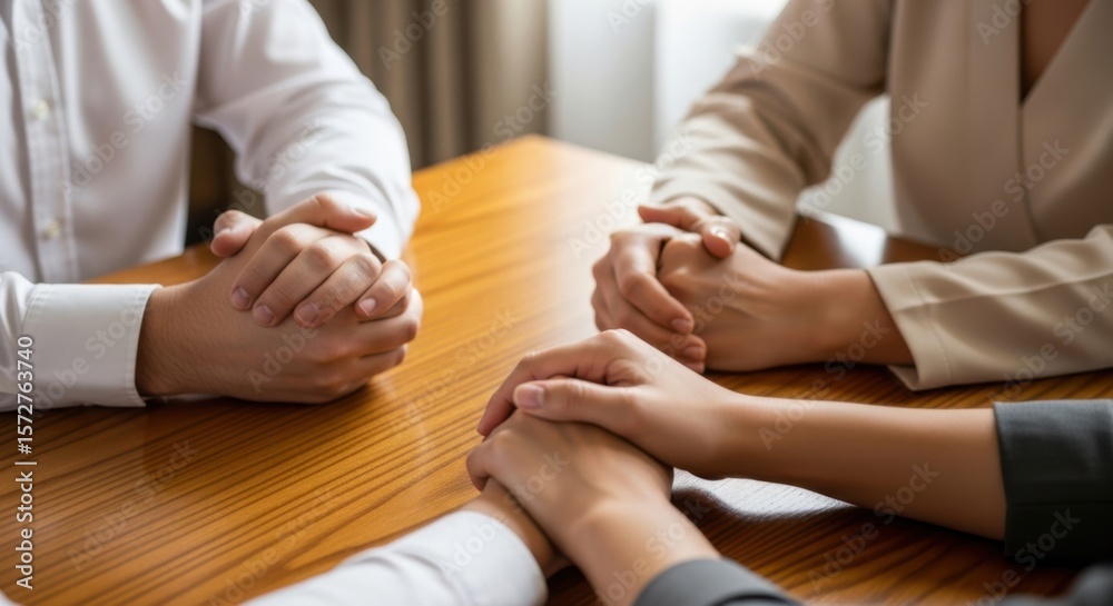 Fototapeta premium People holding hands across a wooden table in a meeting