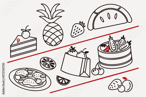 A variety of delicious fruits and foods are arranged in a simple illustration