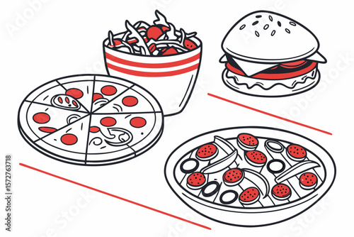 A variety of popular food items are arranged in a simple illustration