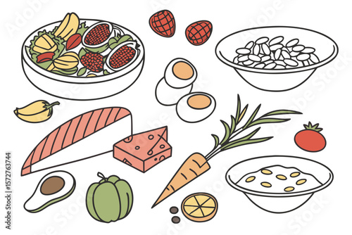 A variety of healthy foods are arranged for a balanced and nutritious meal