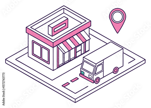 Isometric Store Delivery Truck and G P S Location Icon Illustration