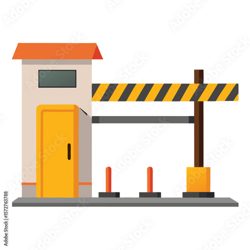 A toll booth with barrier up, on a plain white surface, representing travel, road, infrastructure, or payment.