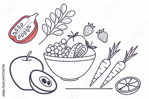 A wholesome collection of fruits and vegetables in a simple line drawing