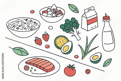 An assortment of healthy food ingredients for a balanced diet and nutrition