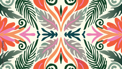 Symmetrical floral pattern with leaves and flowers in orange pink and green on a cream colored background