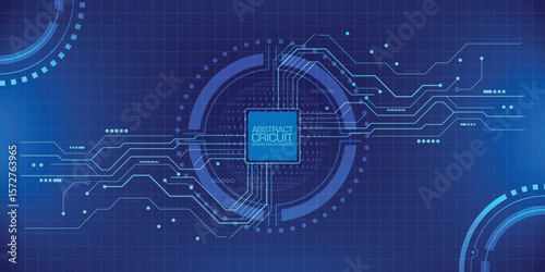 Abstract circuit board background in blue, representing digital tech and electronic connections.