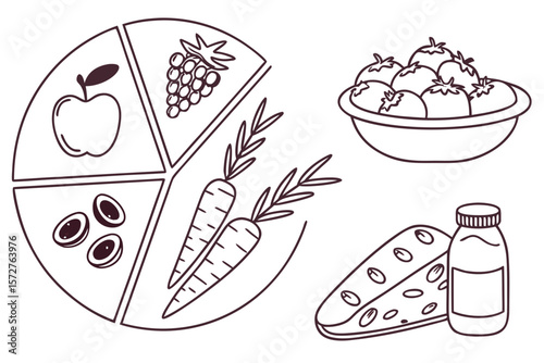 A balanced meal plan is shown with fruits, vegetables, and dairy