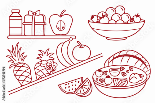 A minimalist illustration of fruits and bowls arranged on shelves in red outline