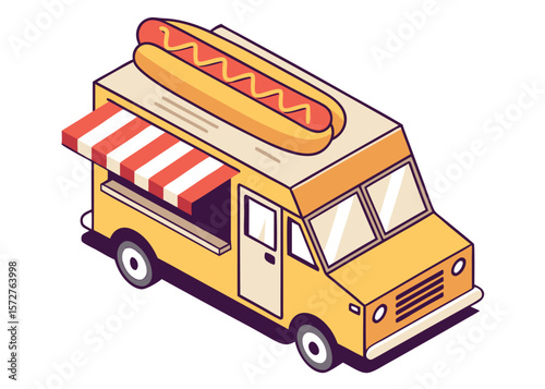 Isometric Yellow Food Truck with Oversized Hotdog on Top