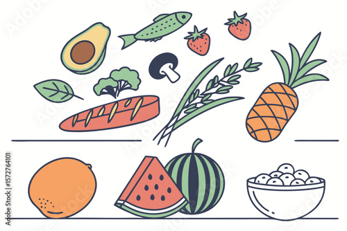 A vibrant assortment of fruits, vegetables, and fish for a healthy diet