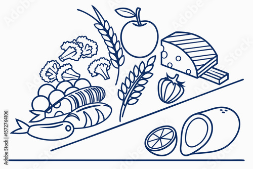 A healthy assortment of fruits, vegetables, grains, fish, and cheese