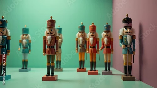Colorful Wooden Nutcrackers Standing on Display Shelf