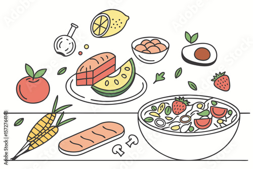 A vibrant salad bowl surrounded by fresh ingredients is illustrated