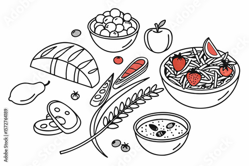 A salad bowl and various healthy ingredients are illustrated