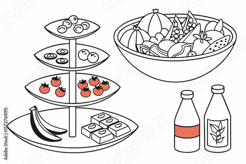 A tiered stand with fruits and a salad bowl are illustrated