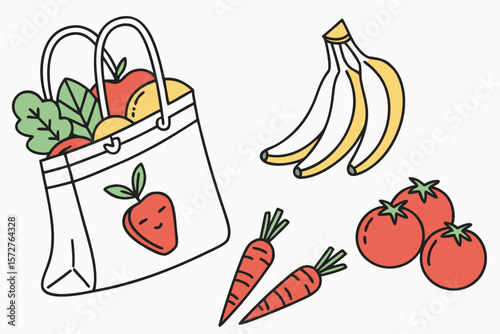 A cheerful grocery bag filled with fresh produce and a bunch of bananas