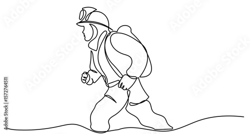 continuous line drawing of a firefighter in motion, wearing a helmet with a headlamp and a backpack, running with urgency. Single line firefighter running isolated on a white background