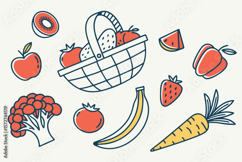 A vibrant collection of fruits and vegetables spilling from a woven basket illustration
