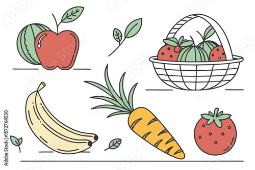 A basket and assortment of fresh fruits and vegetables