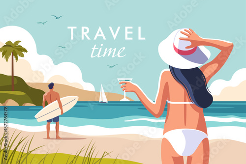 Travel and vacation concept. A girl in a bikini and a hat with a glass of martini or cocktail, on the coast against the background of a surfer and a sailboat on the horizon.. Vector illustrations.