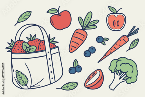 A delightful assortment of fresh fruits and vegetables in a charming bag illustration