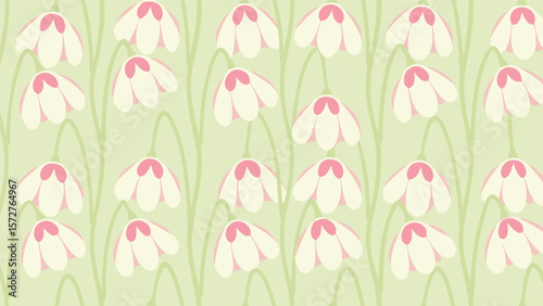 Floral pattern with white and pink flowers on a light green background in a repeating arrangement