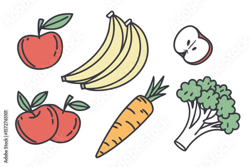 A colorful assortment of fruits and vegetables in a playful illustration
