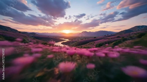 Purple Flowers Field at Sunset Landscape View