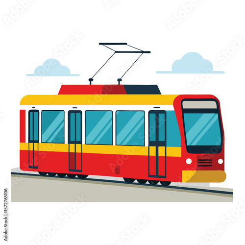 A tram on city streets, on a plain white surface, representing urban transport, public transit, or city life.