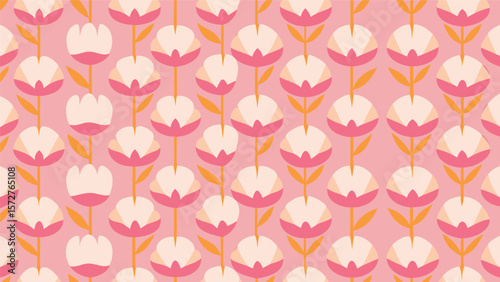 A repeating pattern of stylized pink and white flowers with gold stems on a pink background artfully made