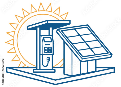 Solar Panel and E V Charger Icon with Sun Illustration