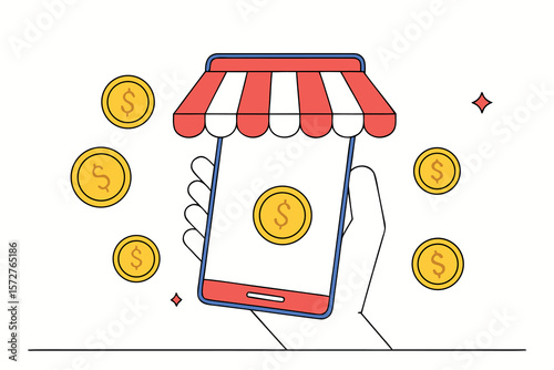 Smartphone with Awning and Dollar Coins Illustration