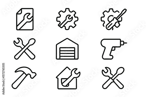 Black linear icons of tools and repair symbols on dark background
