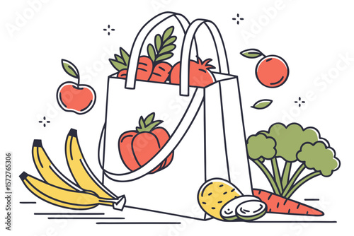 A shopping bag overflowing with fresh fruits and vegetables for a healthy diet