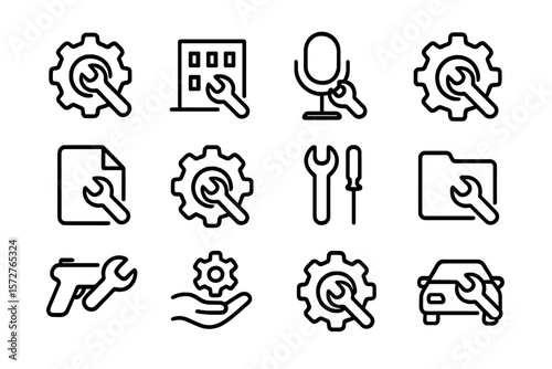 Black linear icons for settings and tools on dark background