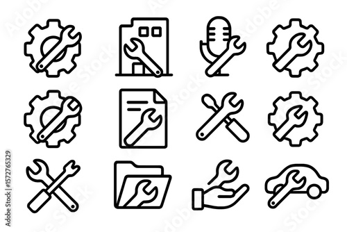 Black linear icons of repair and maintenance tools on dark background