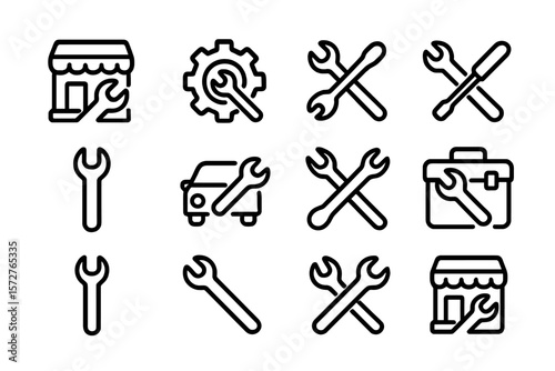 Black linear icons for repair and maintenance tools with wrench symbol
