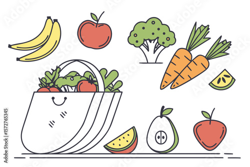 A delightful assortment of fresh fruits and vegetables in a shopping bag