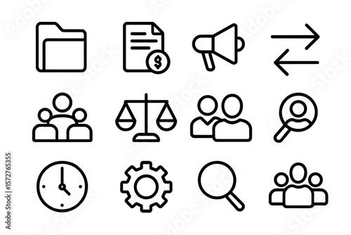 Simple black linear icons on dark background for business and communication