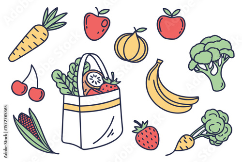 A vibrant assortment of fresh fruits and vegetables in a shopping bag